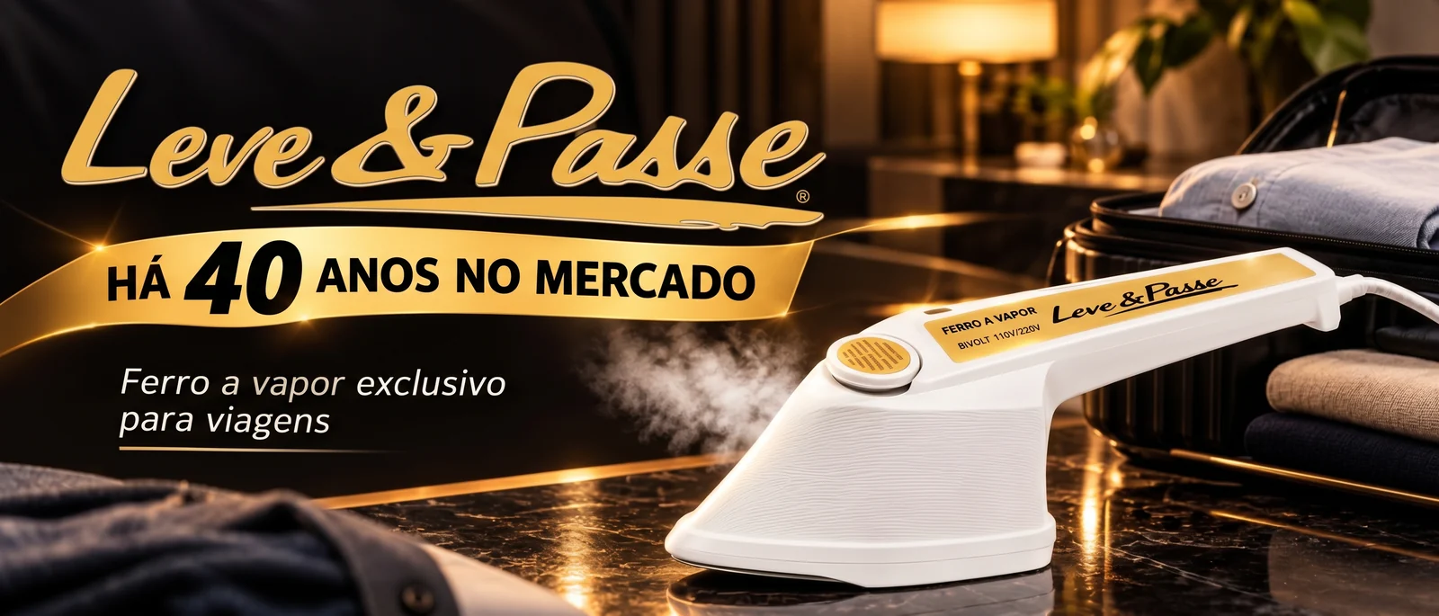 Leve & Passe, há 40 anos no mercado. Ferro a vapor exclusivo para viagens. O ferro solta vapor sobre uma bancada de mármore preto, ao lado de uma mala aberta com camisas dobradas.