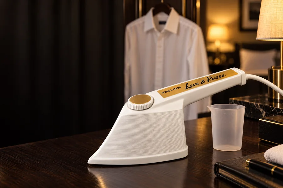O ferro a vapor e o copo dosador sobre a escrivaninha de um quarto de hotel, com uma camisa branca passada ao fundo.