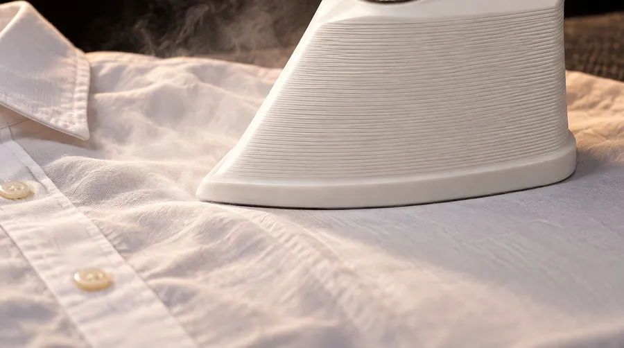 A base do ferro a vapor sobre uma camisa branca de algodão.