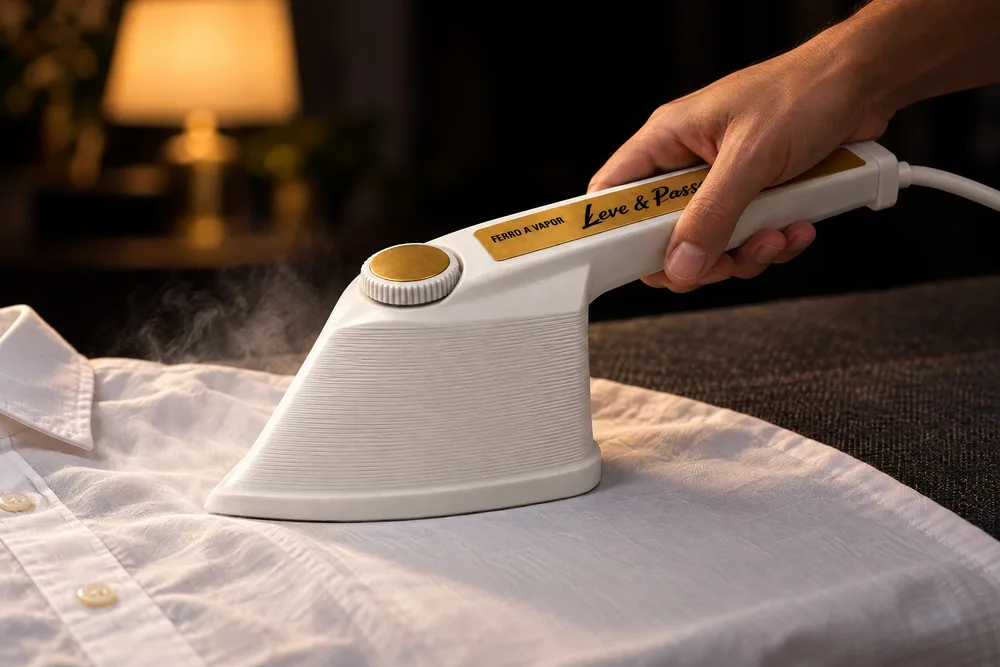 Uma mão conduz o ferro a vapor sobre uma camisa branca estendida em uma mesa.