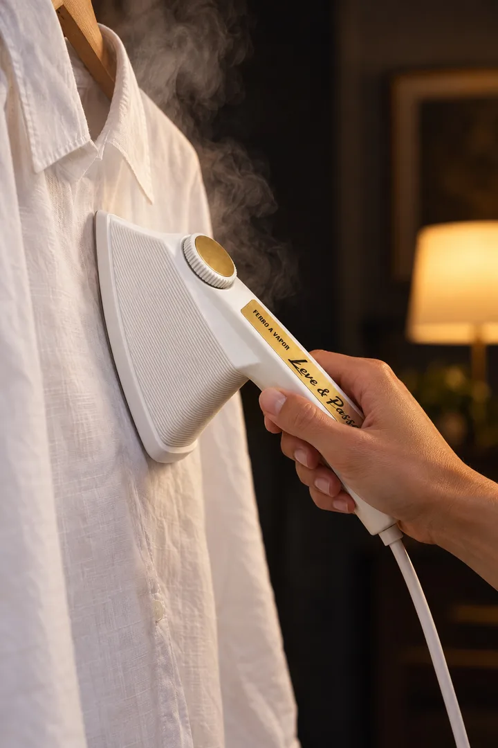 Uma mão segura o ferro a vapor na vertical contra uma camisa branca pendurada em um cabide.