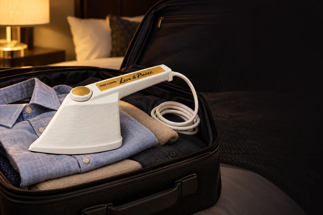 O ferro a vapor sobre camisas dobradas dentro de uma mala aberta, em um quarto de hotel à noite.